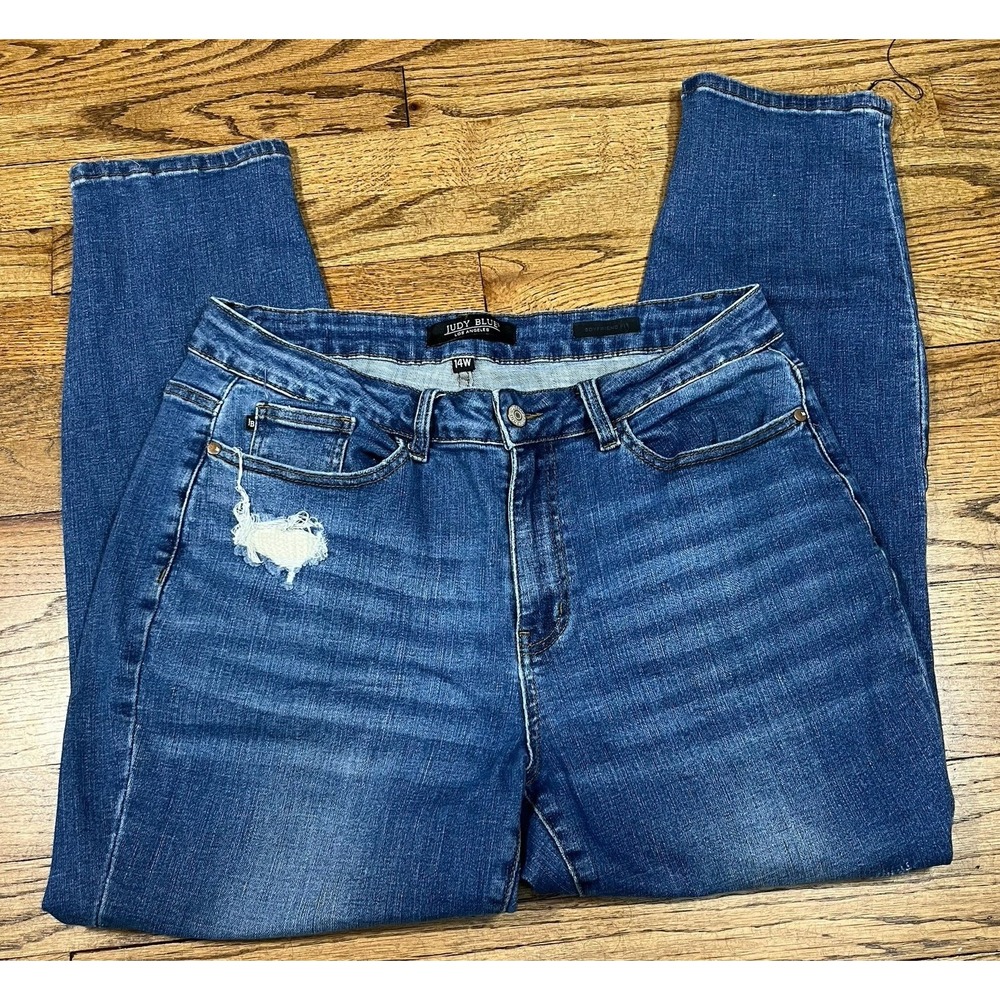 Judy Blue Mid Rise Boyfriend Distressed Denim Jeans Women's Dark Wash Sz 32x27